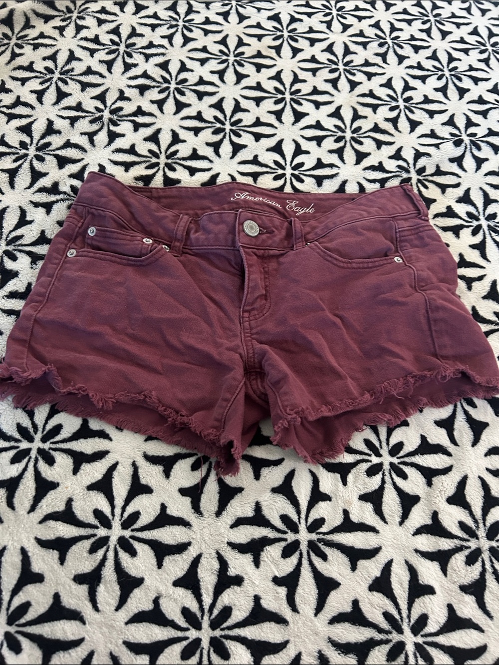 American Eagle Outfitters Maroon Frayed Hem Denim Shorts